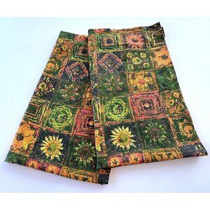 Vintage 70s curtains, green, brown, orange, yellow faux patchwork, pair